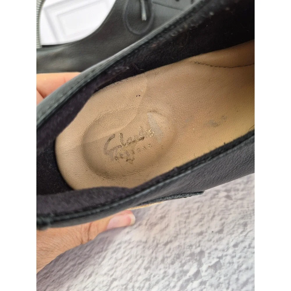 Clarks Womens Teadale Black Leather Platform Oxford Wedge Jute Trim Size 9.5 M